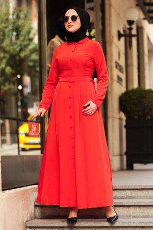 Neva Style - Kemerli Turuncu Elbise - 1