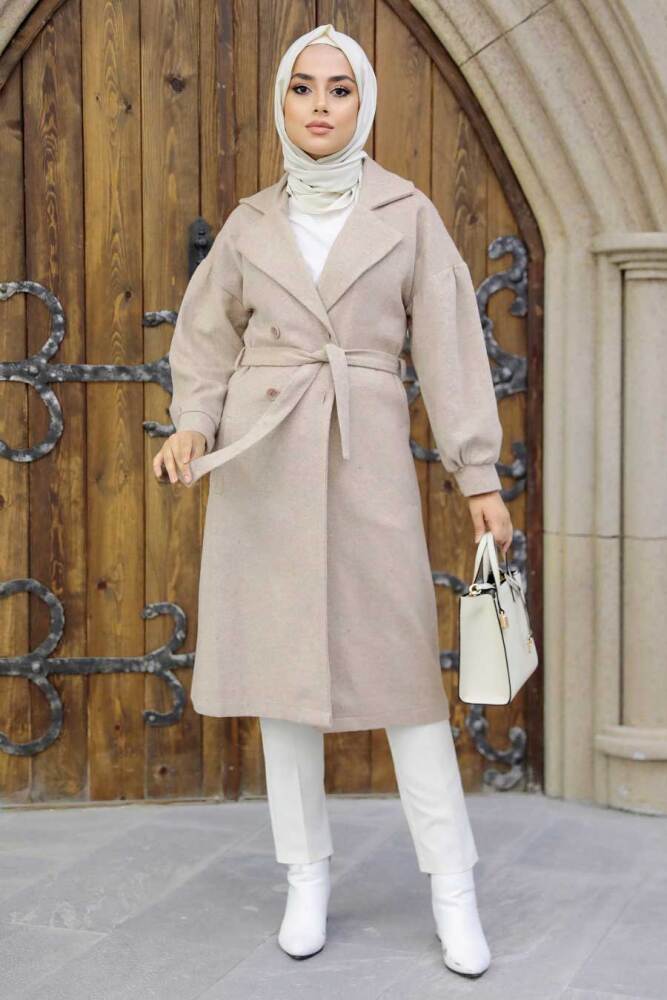 Neva Style - Kemerli Vizon Tesettür Kaşe Kap 5802V - NEVA STYLE