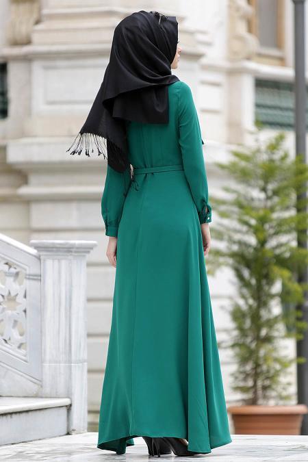 Neva Style - Kemerli Yeşil Elbise - 3