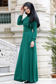Neva Style - Kemerli Yeşil Elbise - Thumbnail