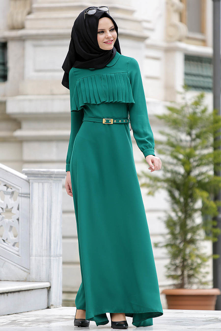 Neva Style - Kemerli Yeşil Elbise