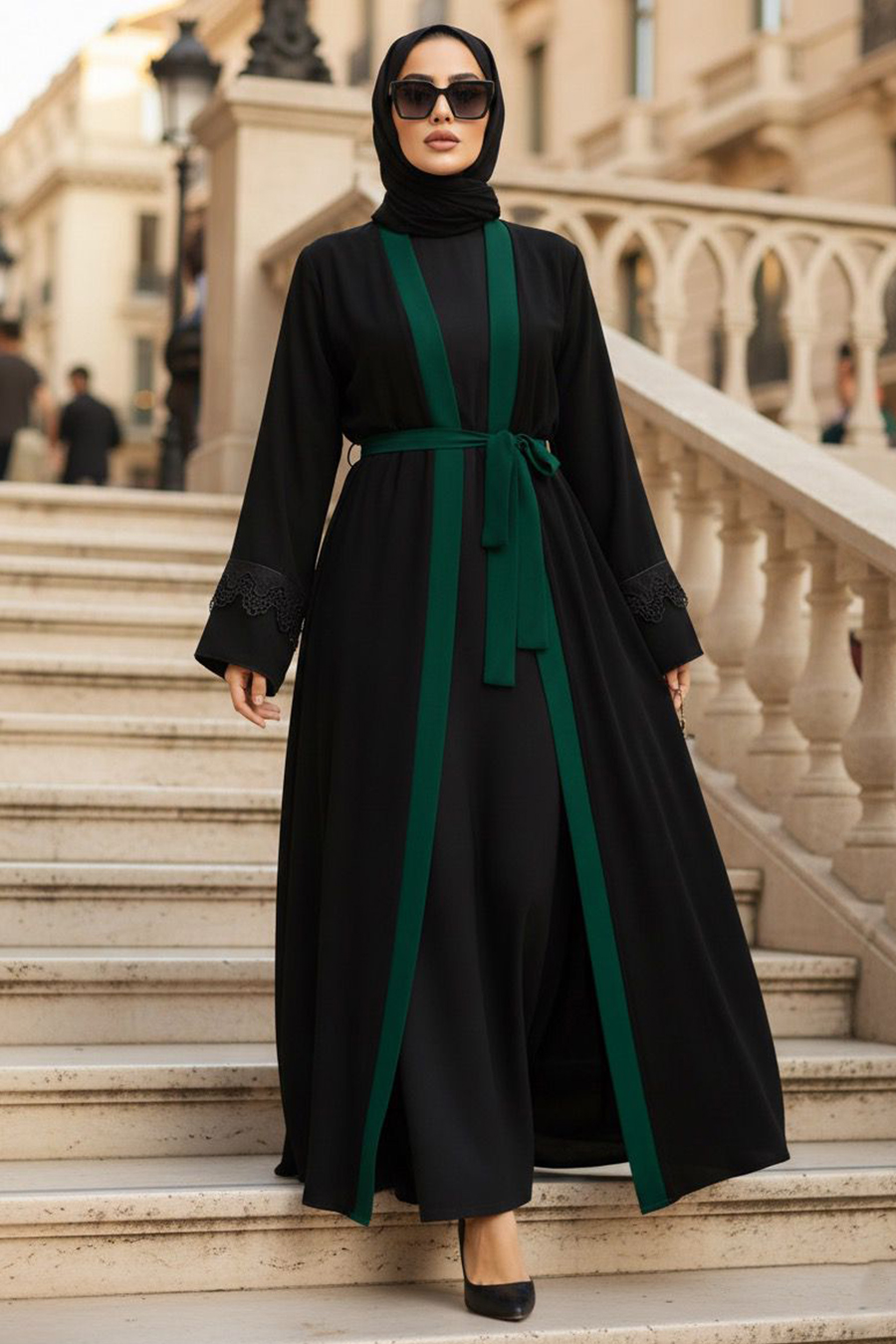  Kemerli Yeşil Tesettür Abaya 55440Y