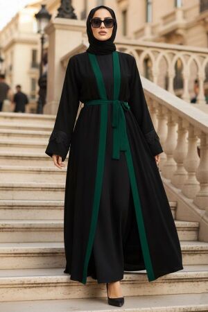  Kemerli Yeşil Tesettür Abaya 55440Y 