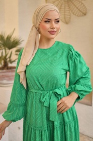Neva Style - Kemerli Yeşil Tesettür Elbise 14131Y - Thumbnail