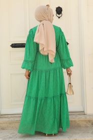 Neva Style - Kemerli Yeşil Tesettür Elbise 14131Y - Thumbnail