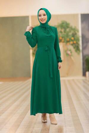 Neva Style - Kemerli Yeşil Tesettür Elbise 27922Y - 1