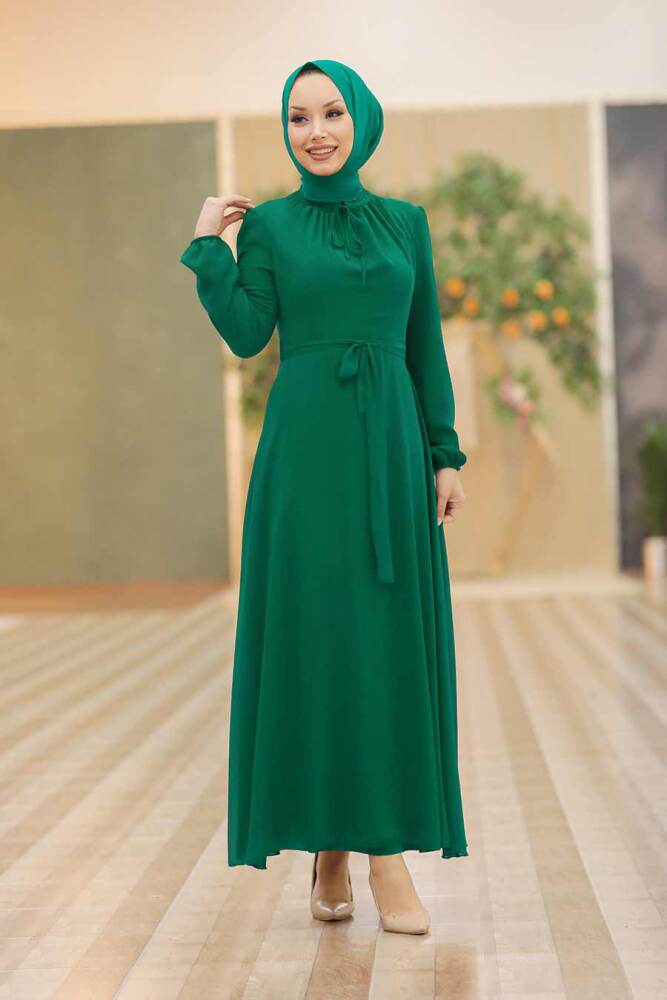 Neva Style - Kemerli Yeşil Tesettür Elbise 27922Y - 1