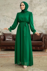 Neva Style - Kemerli Yeşil Tesettür Elbise 2971Y - Thumbnail