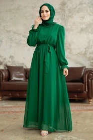 Neva Style - Kemerli Yeşil Tesettür Elbise 2971Y - Thumbnail