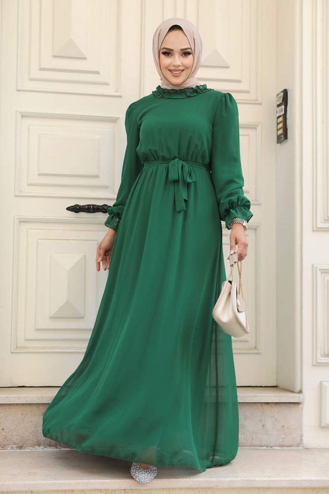 Neva Style - Kemerli Yeşil Tesettür Elbise 2971Y - 1
