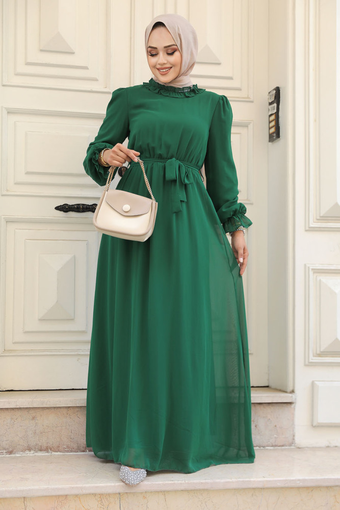 Neva Style - Kemerli Yeşil Tesettür Elbise 2971Y - 2