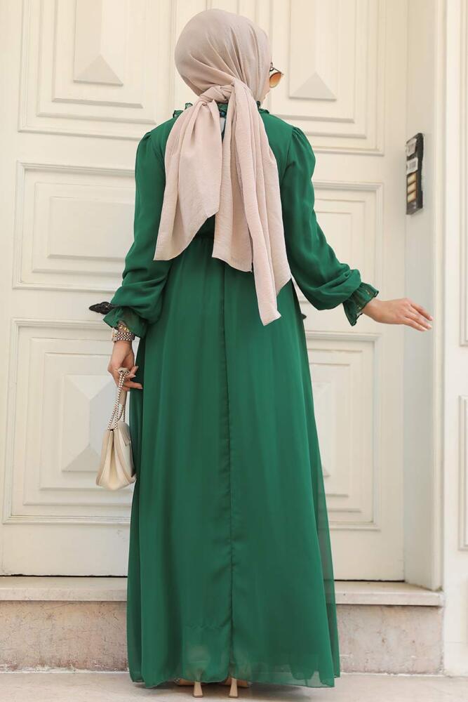 Neva Style - Kemerli Yeşil Tesettür Elbise 2971Y - 3