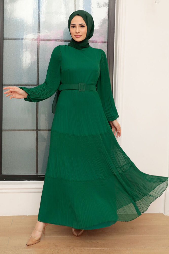Neva Style - Kemerli Yeşil Tesettür Elbise 3590Y - 1
