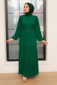 Neva Style - Kemerli Yeşil Tesettür Elbise 3590Y - Thumbnail