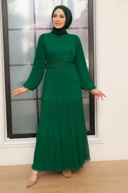 Neva Style - Kemerli Yeşil Tesettür Elbise 3590Y - Thumbnail
