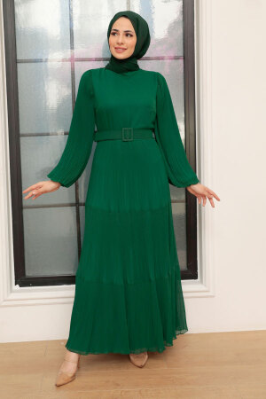 Neva Style - Kemerli Yeşil Tesettür Elbise 3590Y - 3