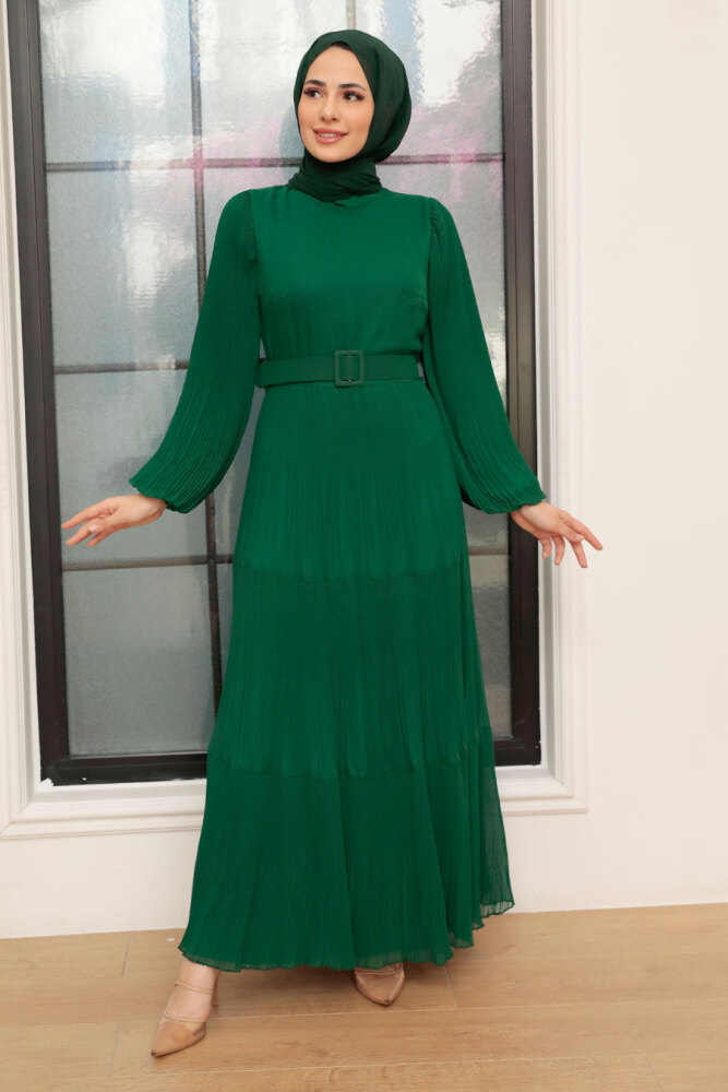Neva Style - Kemerli Yeşil Tesettür Elbise 3590Y - 3