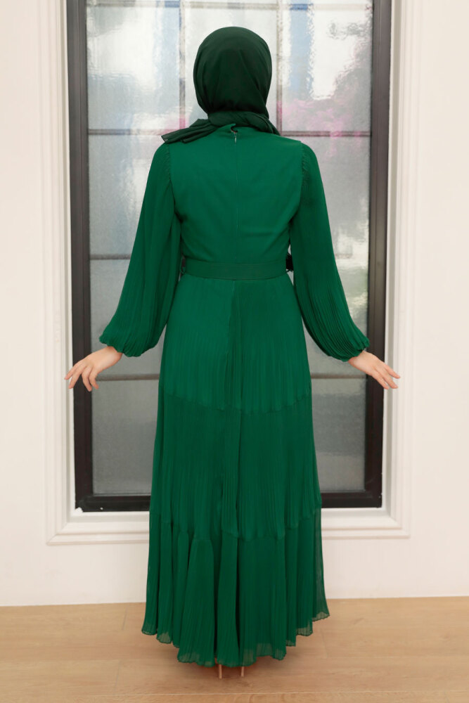 Neva Style - Kemerli Yeşil Tesettür Elbise 3590Y - 4