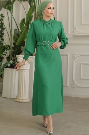 Neva Style - Kemerli Yeşil Tesettür Elbise 661Y - Thumbnail