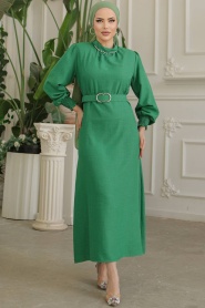 Neva Style - Kemerli Yeşil Tesettür Elbise 661Y - Thumbnail