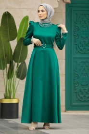 Neva Style - Kemerli Zümrüt Yeşili Siyah Tesettür Elbise 7725ZY - Thumbnail