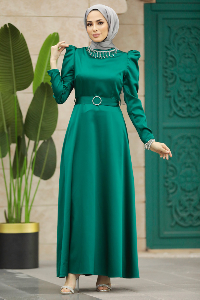 Neva Style - Kemerli Zümrüt Yeşili Siyah Tesettür Elbise 7725ZY - 2