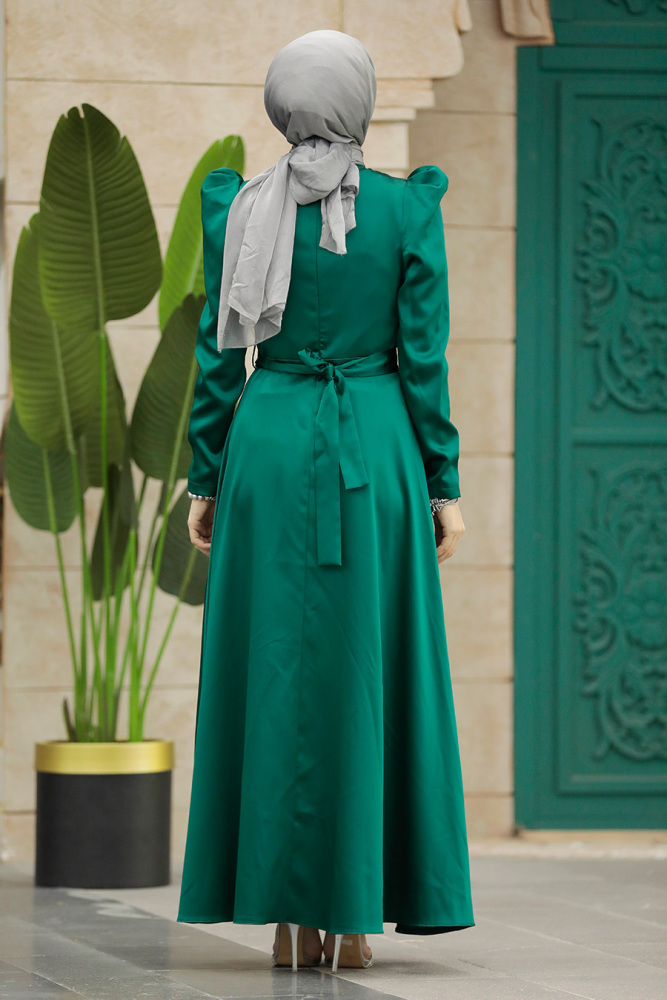 Neva Style - Kemerli Zümrüt Yeşili Siyah Tesettür Elbise 7725ZY - 3