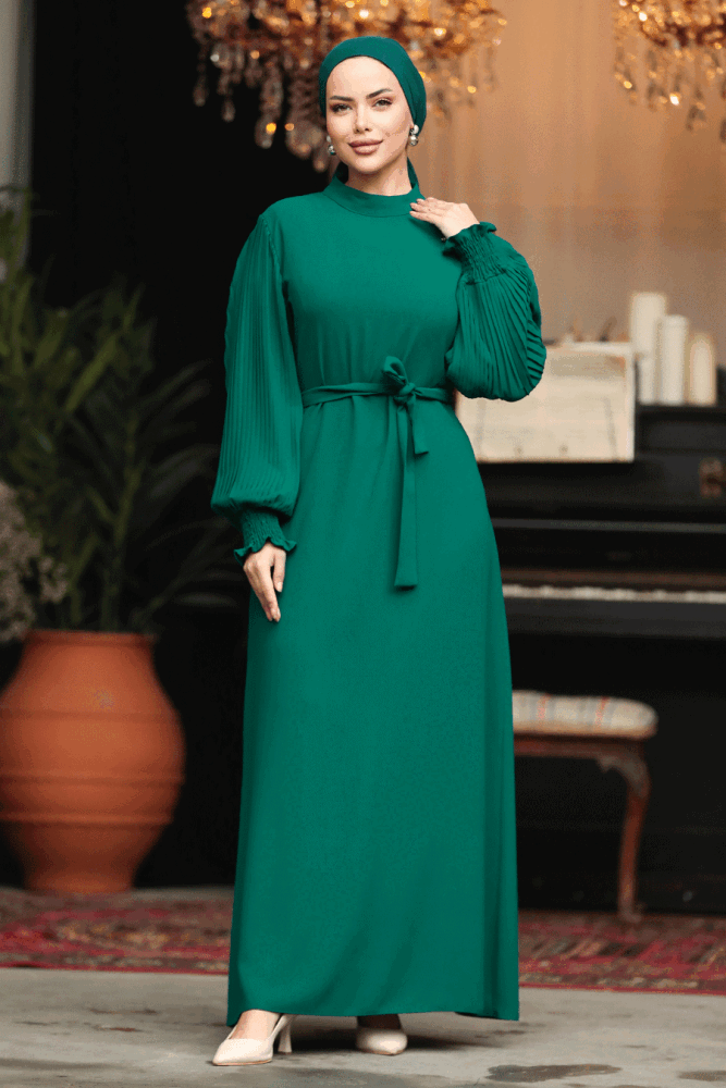 Neva Style - Kemerli Zümrüt Yeşili Tesettür Elbise 30013ZY - 1