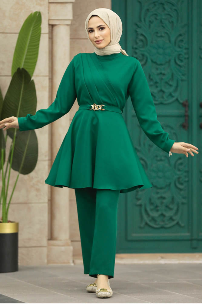 Neva Style - Kemerli Zümrüt Yeşili Tesettür İkili Takım 5860ZY - 2
