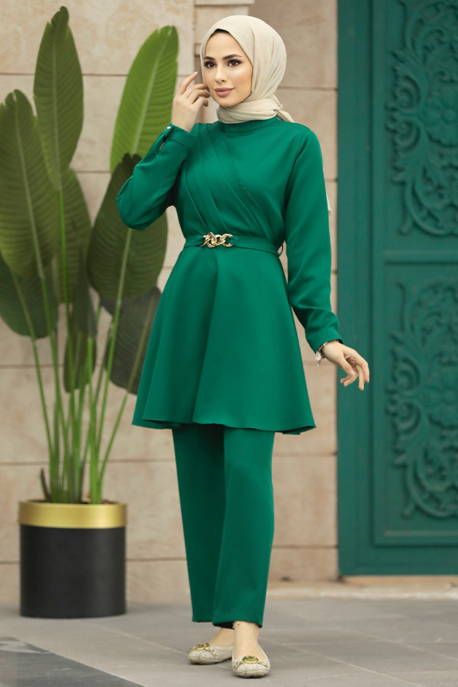 Neva Style - Kemerli Zümrüt Yeşili Tesettür İkili Takım 5860ZY - NEVA STYLE