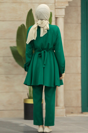 Neva Style - Kemerli Zümrüt Yeşili Tesettür İkili Takım 5860ZY - 3
