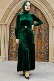 Neva Style - Kemerli Zümrüt Yeşili Tesettür Kadife Elbise 36971ZY - Thumbnail