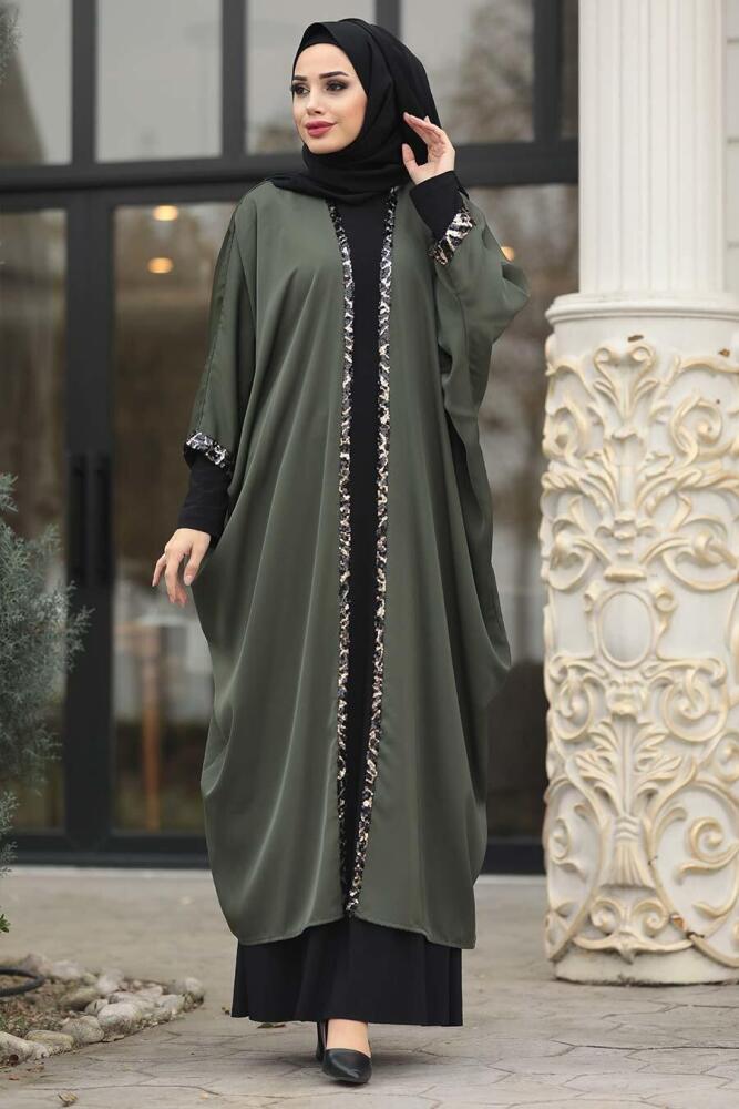Pul Payetli Haki Tesettür Abaya 9002HK - 1