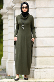 Neva Style - Khaki Hijab Dress 3106HK - Thumbnail