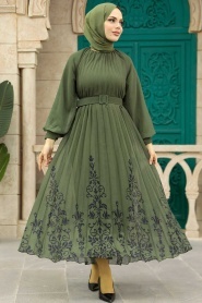 Neva Style - Khaki Hijab Dress 3817HK - Thumbnail
