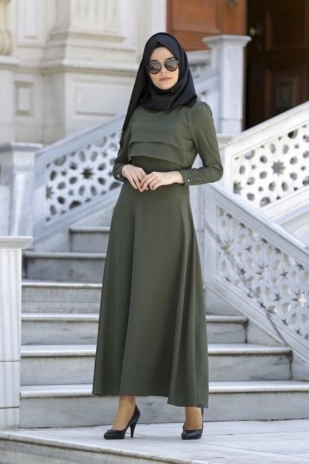 Neva Style - Khaki Hijab Dress 3988HK