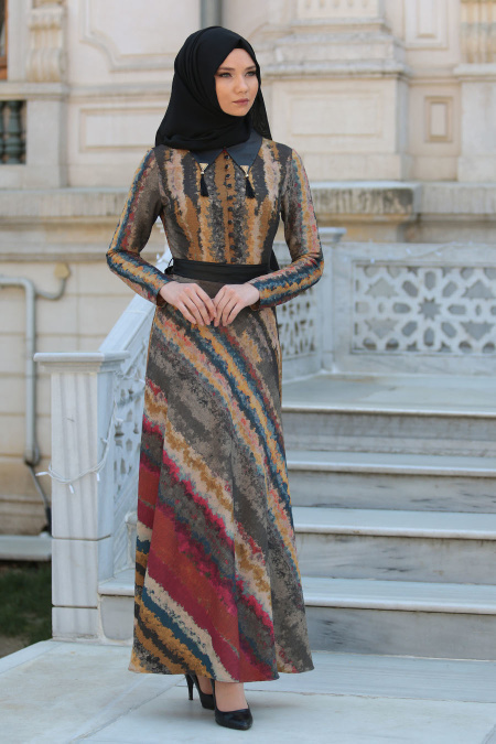 Neva Style - Khaki Hijab Dress 4826HK