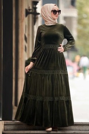 Neva Style - Khaki Hijab Dress 50550HK - Thumbnail