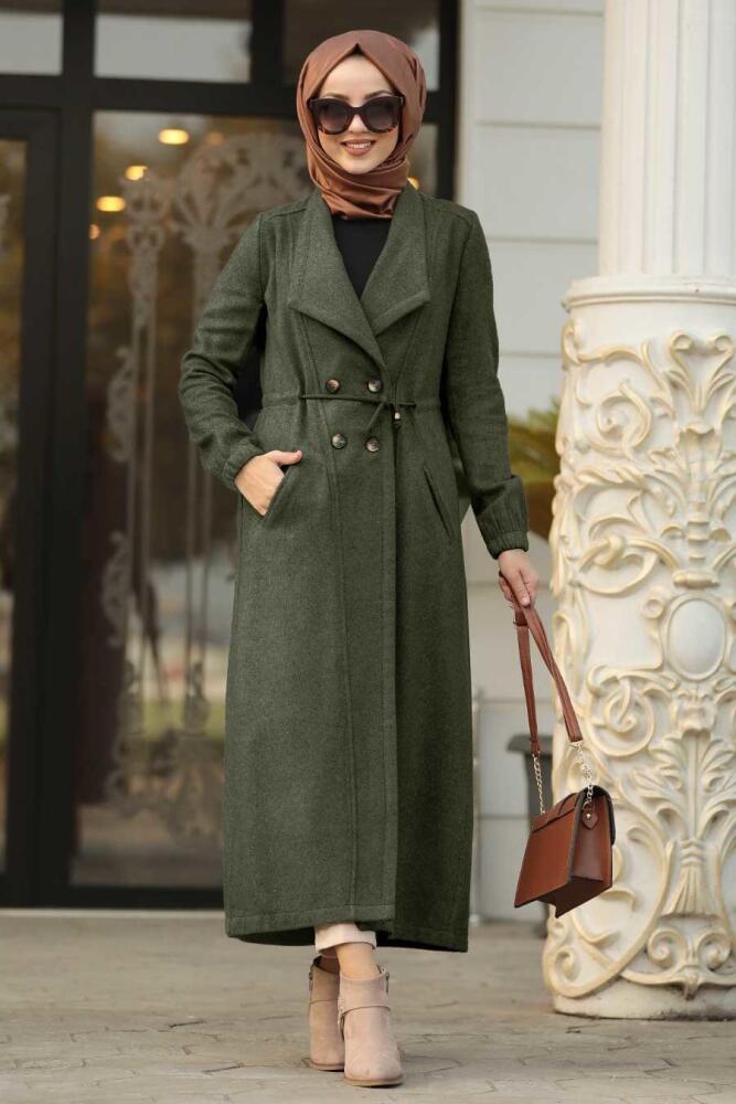 Neva Style - Khaki Hijab Felt Coat 5494HK - 1