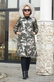Neva Style - Khaki Hijab İnflatable Coat 9060HK - Thumbnail