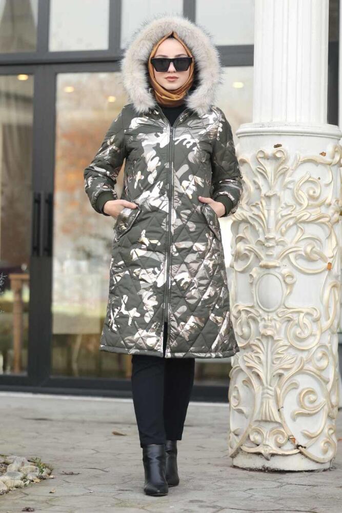 Neva Style - Khaki Hijab İnflatable Coat 9060HK - 2