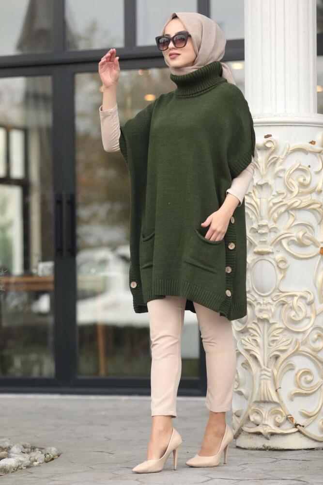 Neva Style - Khaki Hijab Knitwear Poncho 19763HK - 1