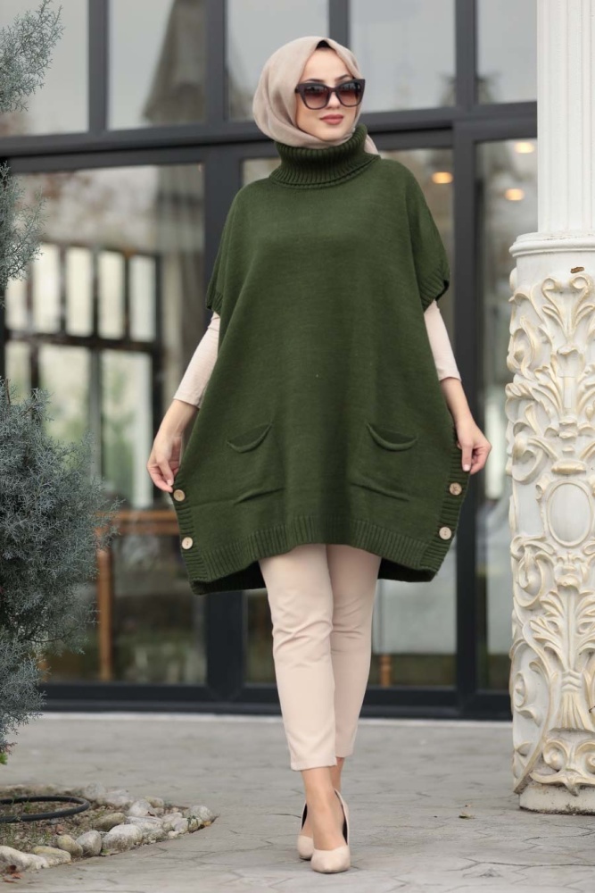 Neva Style - Khaki Hijab Knitwear Poncho 19763HK - 2