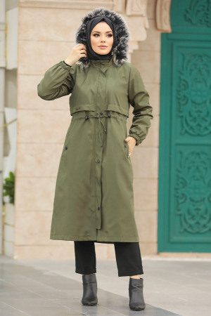 Neva Style - Khaki Hijab Parka Coat 60651HK - 4