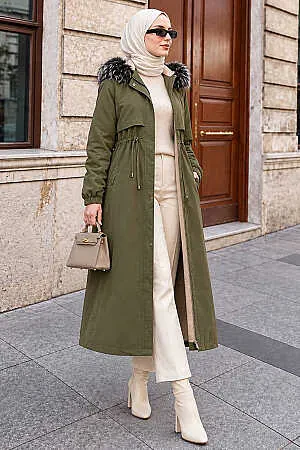 Khaki Hijab Parka Coat 60651HK - 1