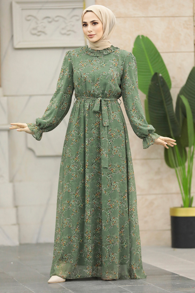 Khaki Hijab Turkish Dress 29712HK - 1