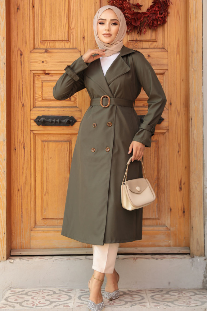 Neva Style - Khaki Hijab Turkish Trench Coat 5942HK - 2