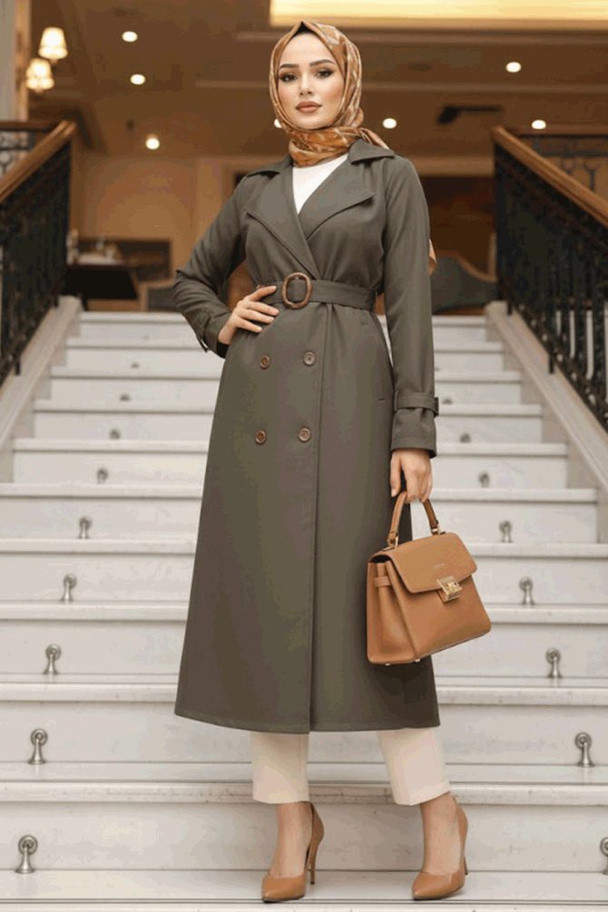 Khaki Hijab Turkish Trench Coat 5942HK - 1
