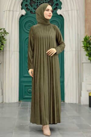 Khaki Hijab Velvet Dress 1287HK - 1
