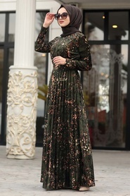 Neva Style - Khaki Hijab Velvet Dress 1452HK - Thumbnail